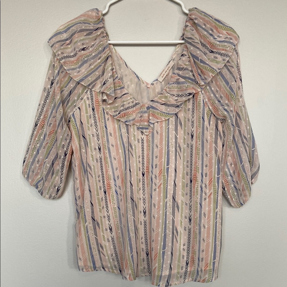 Skies Are Blue Melon Ruffled Blouse with Puff Sleeves and Low V-Neck Collar